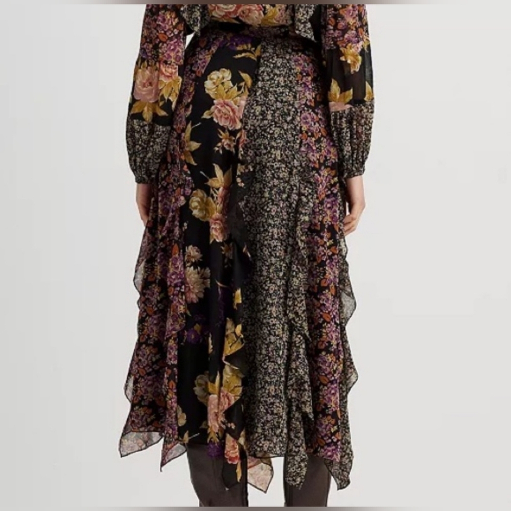 Lauren Ralph Lauren Mixed-Floral Ruffle-Trim Georgette Skirt - Picture 2 of 11